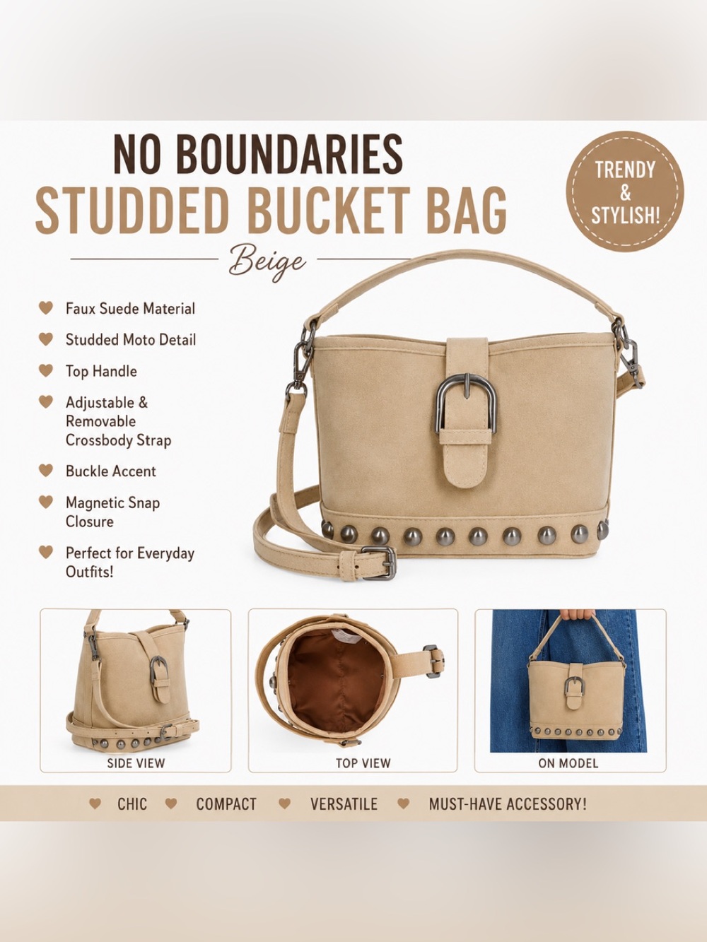 NWT No Boundaries Beige Studded Bucket Bag